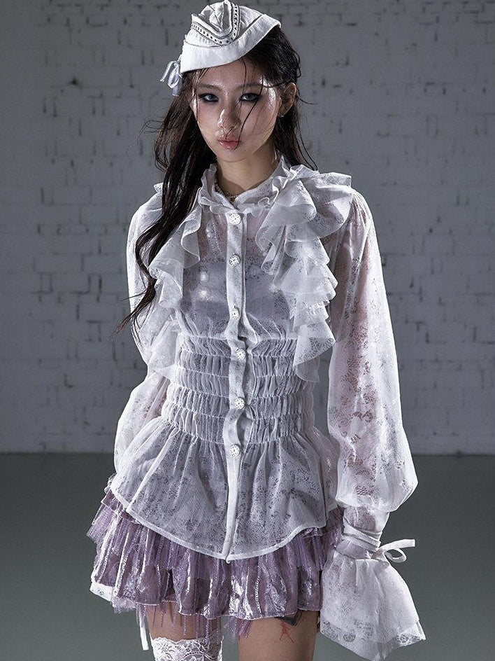 NO ROMANCE Slimming Flocked Victorian Ruffle Gathered Fitted Stand Collar Women Blouses