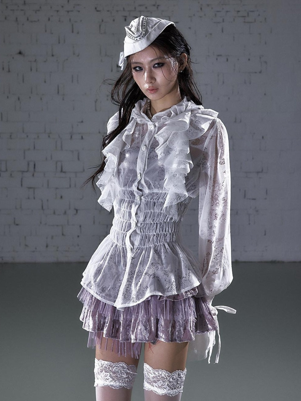 NO ROMANCE Slimming Flocked Victorian Ruffle Gathered Fitted Stand Collar Women Blouses