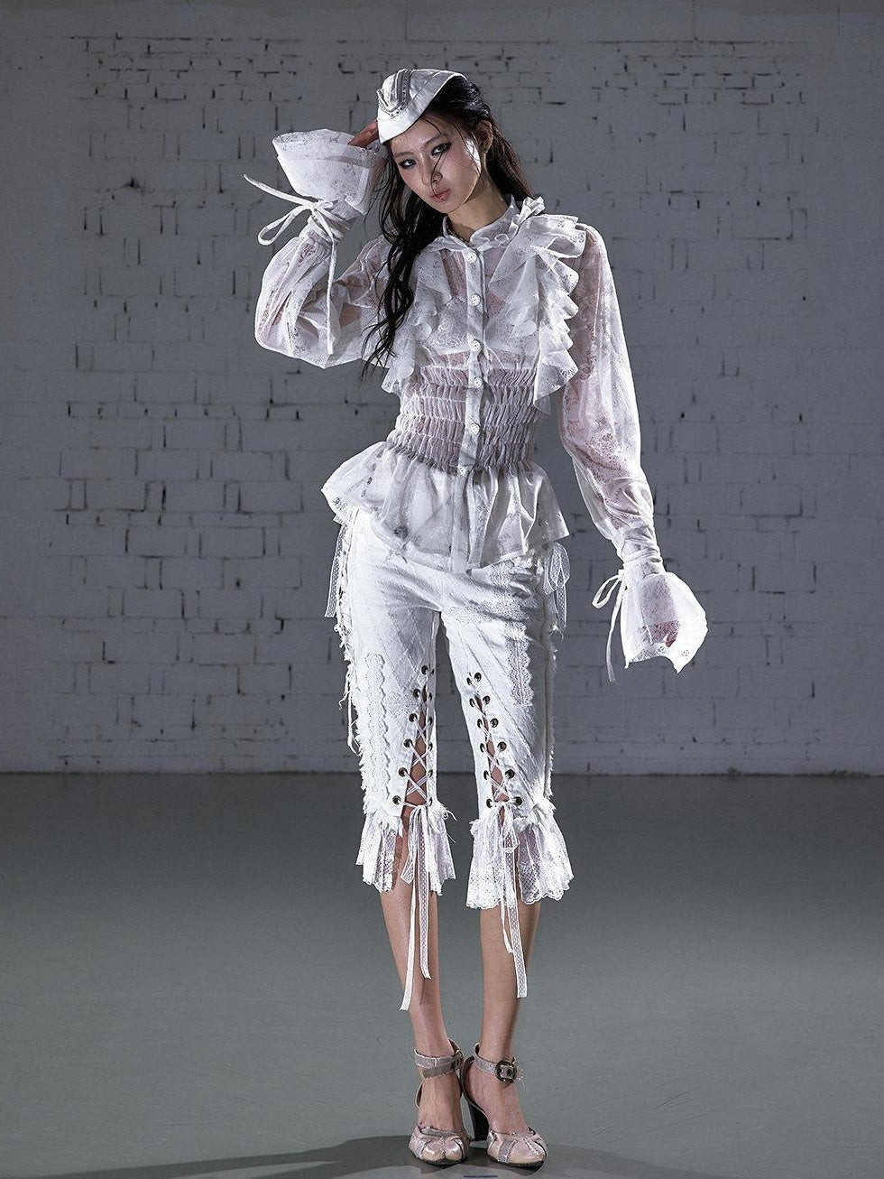 NO ROMANCE Slimming Flocked Victorian Ruffle Gathered Fitted Stand Collar Women Blouses