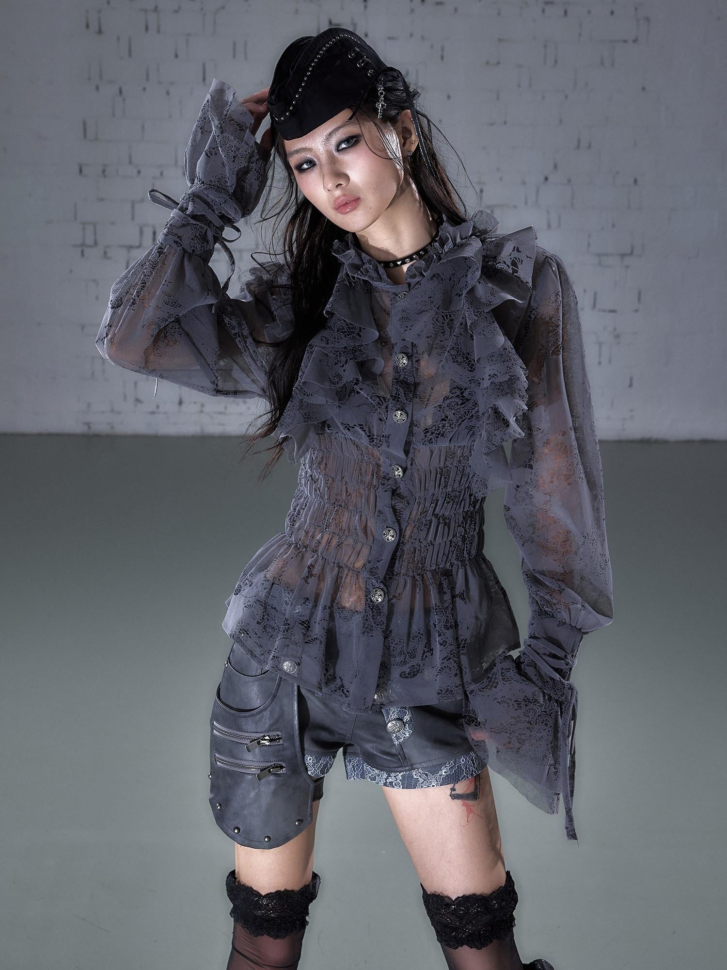 NO ROMANCE Slimming Flocked Victorian Ruffle Gathered Fitted Stand Collar Women Blouses