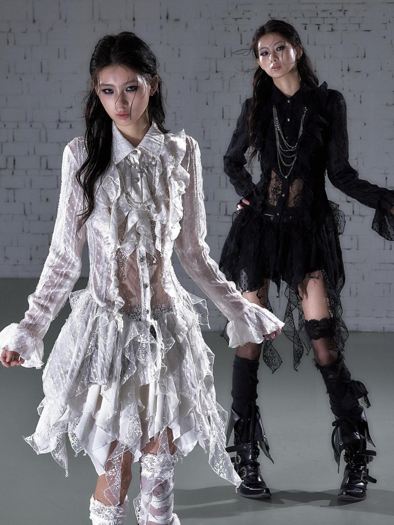 NO ROMANCE Soft Chiffon Asymmetrical Romantic A Line Long Sleeve Youth Casual Midi Dresses