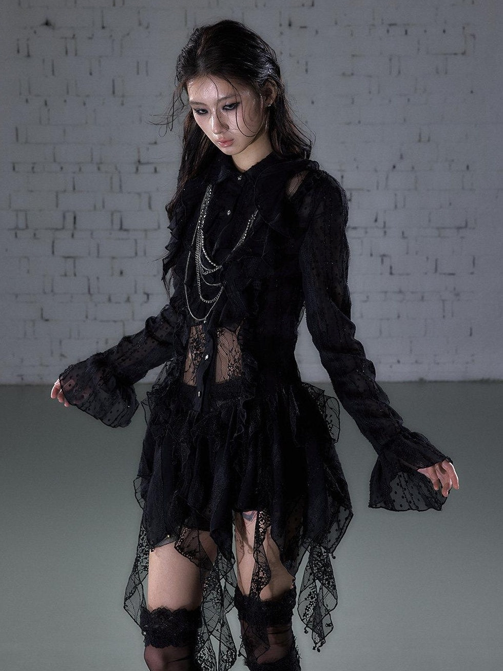 NO ROMANCE Soft Chiffon Asymmetrical Romantic A Line Long Sleeve Youth Casual Midi Dresses