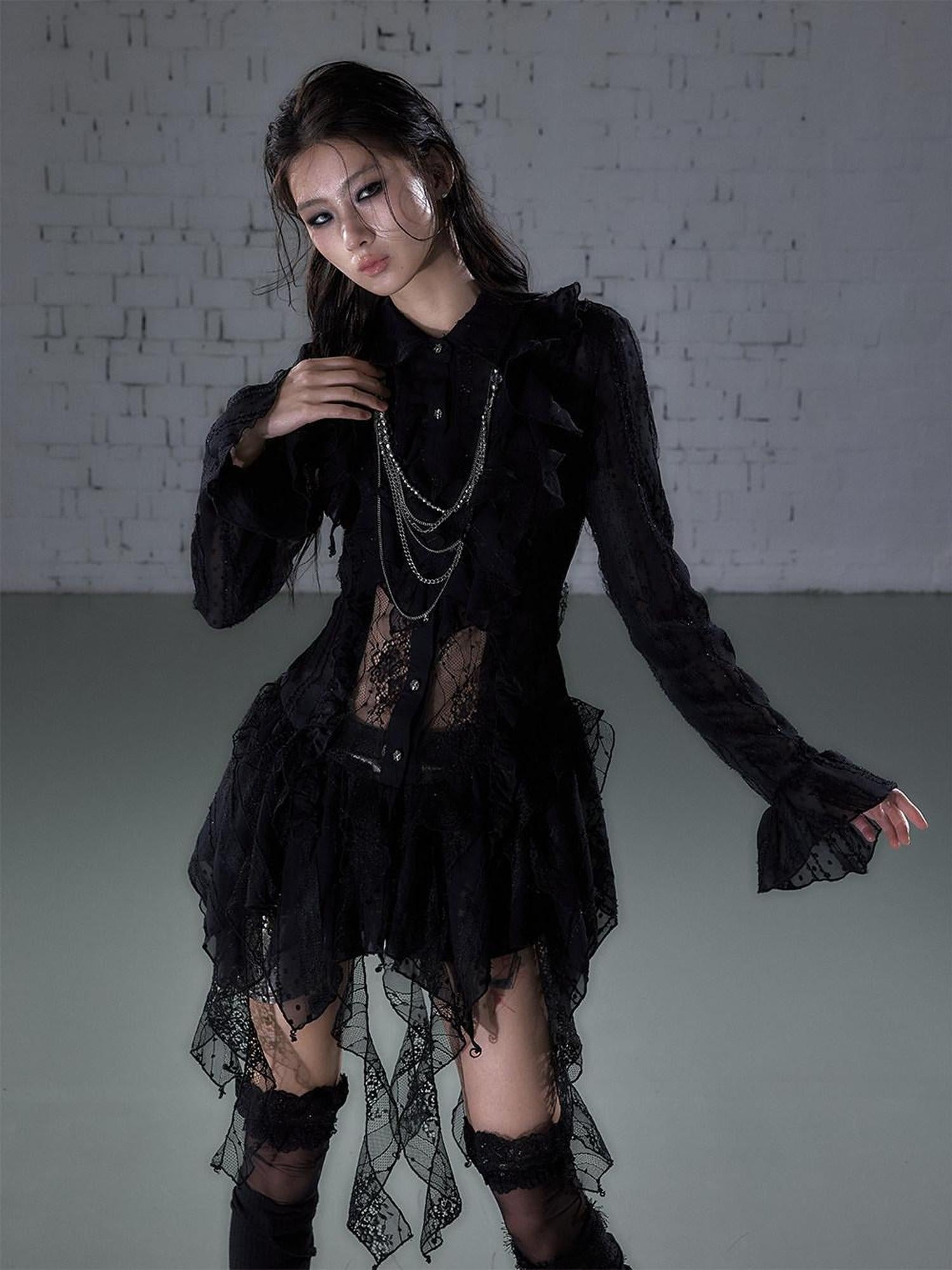 NO ROMANCE Soft Chiffon Asymmetrical Romantic A Line Long Sleeve Youth Casual Midi Dresses