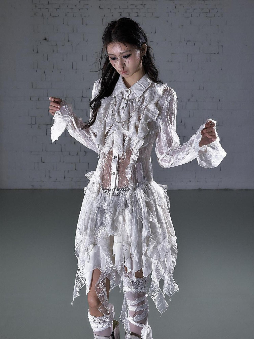 NO ROMANCE Soft Chiffon Asymmetrical Romantic A Line Long Sleeve Youth Casual Midi Dresses