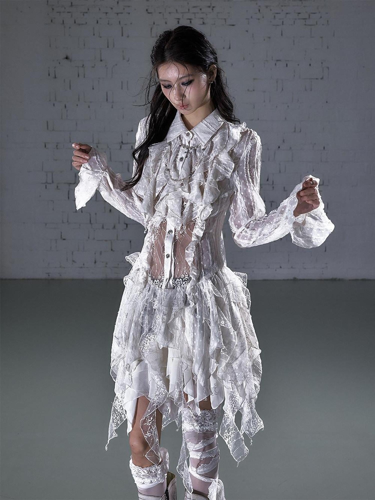 NO ROMANCE Soft Chiffon Asymmetrical Romantic A Line Long Sleeve Youth Casual Midi Dresses