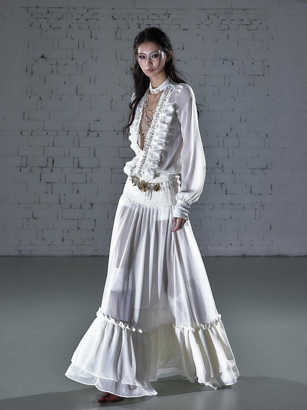 NO ROMANCE Soft Chiffon Pleated Heiress V-neck Aline Long Sleeve Travel Casual Midi Dresses