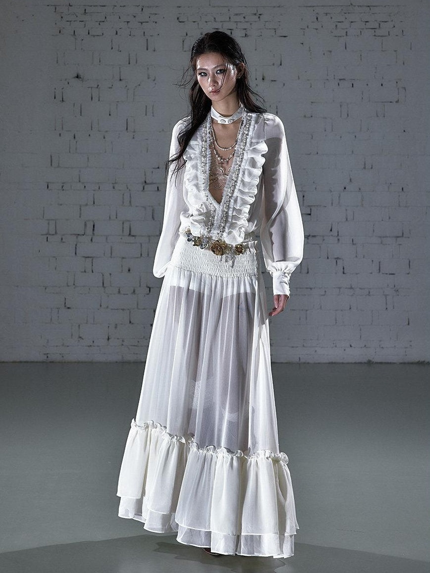 NO ROMANCE Soft Chiffon Pleated Heiress V-neck Aline Long Sleeve Travel Casual Midi Dresses
