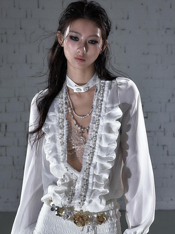 NO ROMANCE Soft Chiffon Pleated Heiress V-neck Aline Long Sleeve Travel Casual Midi Dresses