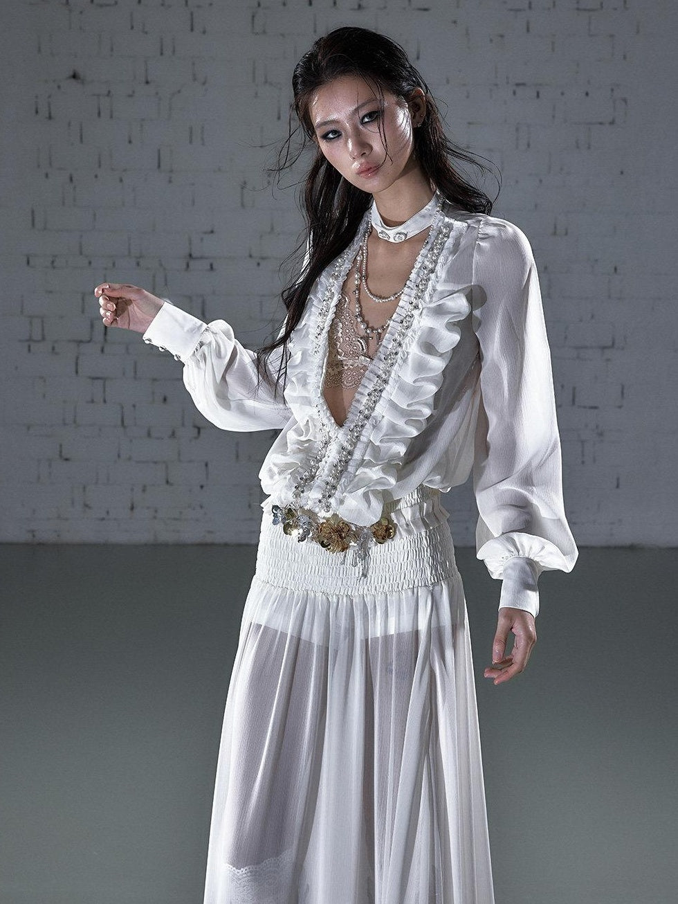 NO ROMANCE Soft Chiffon Pleated Heiress V-neck Aline Long Sleeve Travel Casual Midi Dresses