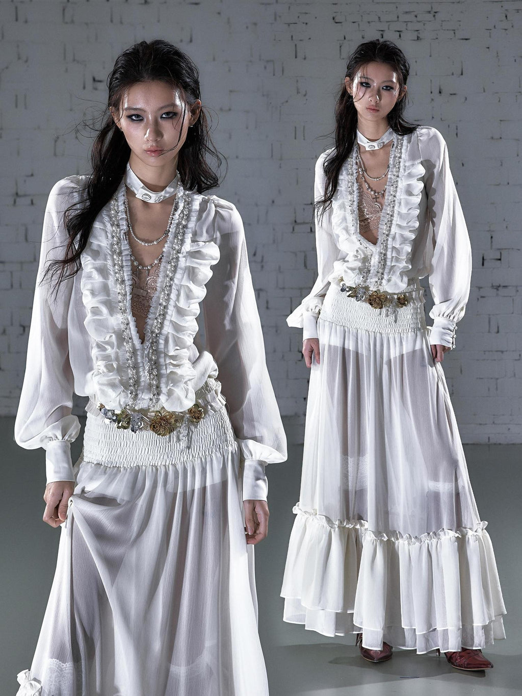 NO ROMANCE Soft Chiffon Pleated Heiress V-neck Aline Long Sleeve Travel Casual Midi Dresses