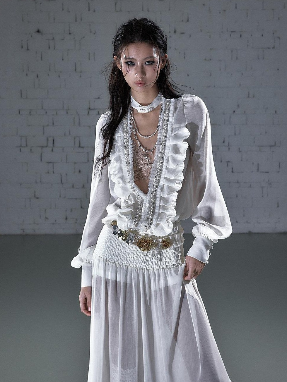 NO ROMANCE Soft Chiffon Pleated Heiress V-neck Aline Long Sleeve Travel Casual Midi Dresses