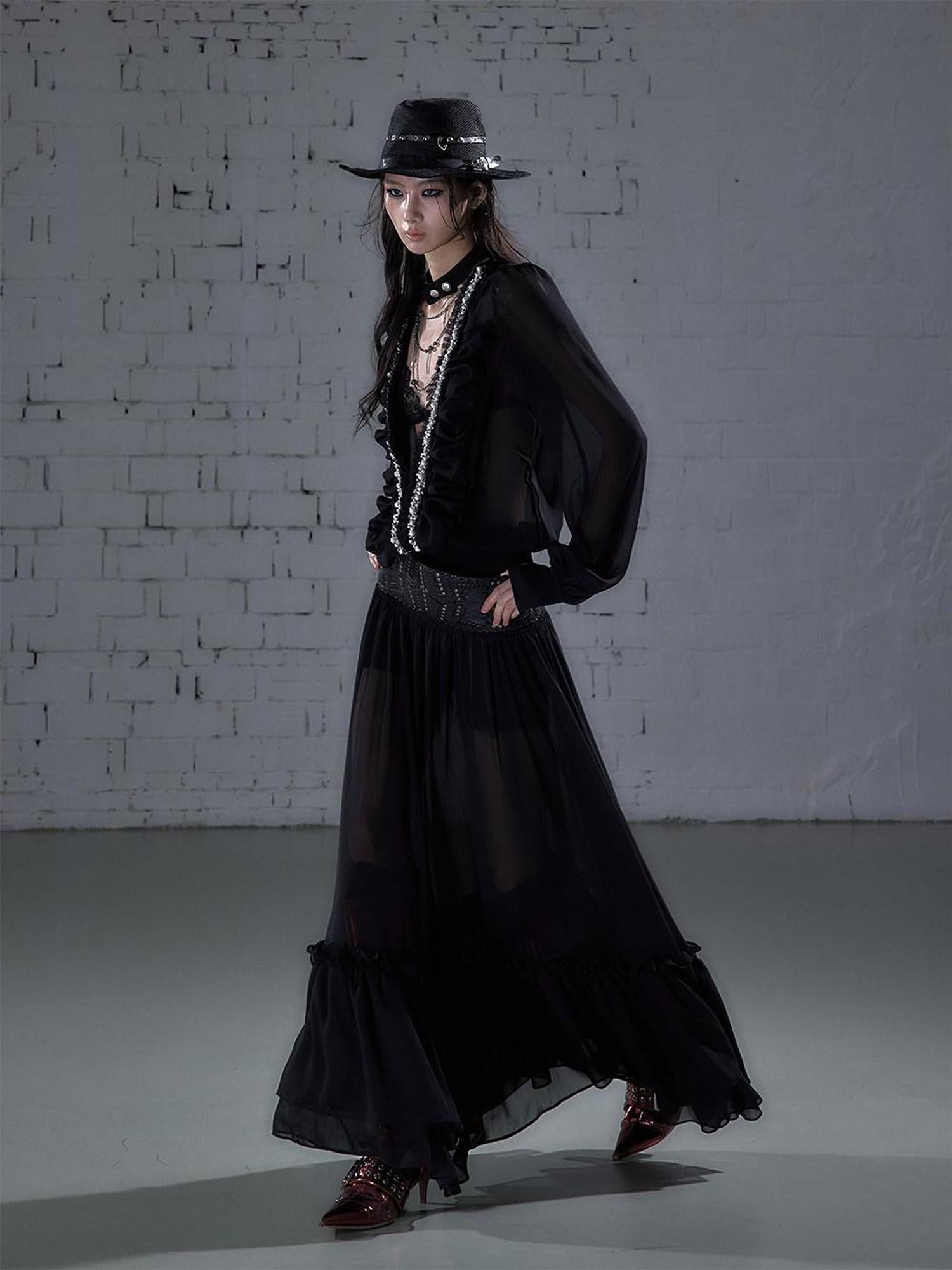 NO ROMANCE Soft Chiffon Pleated Heiress V-neck Aline Long Sleeve Travel Casual Midi Dresses
