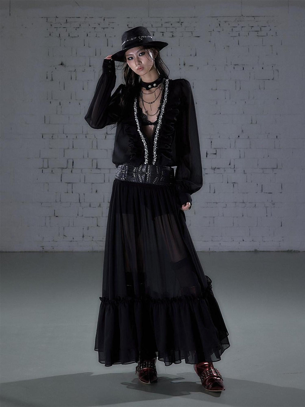 NO ROMANCE Soft Chiffon Pleated Heiress V-neck Aline Long Sleeve Travel Casual Midi Dresses