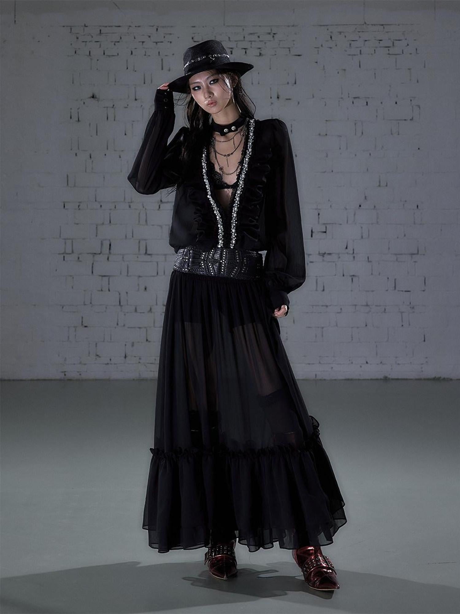NO ROMANCE Soft Chiffon Pleated Heiress V-neck Aline Long Sleeve Travel Casual Midi Dresses