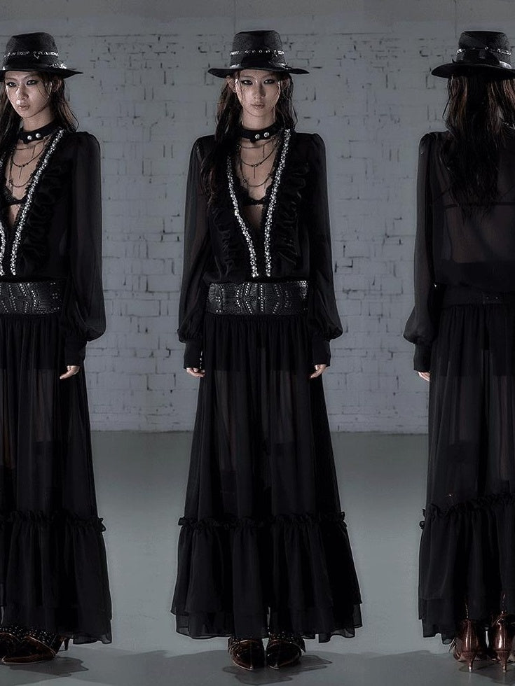 NO ROMANCE Soft Chiffon Pleated Heiress V-neck Aline Long Sleeve Travel Casual Midi Dresses