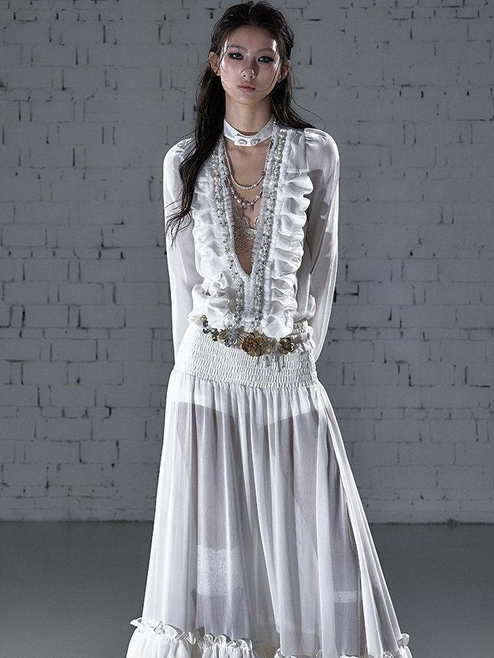 NO ROMANCE Soft Chiffon Pleated Heiress V-neck Aline Long Sleeve Travel Casual Midi Dresses