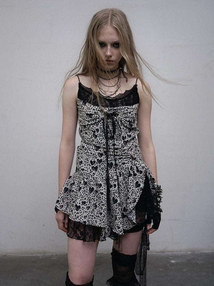 NO ROMANCE Soft Lace Vintage Spaghetti Strap Travel Leopard Heart Slip Mini Dresses