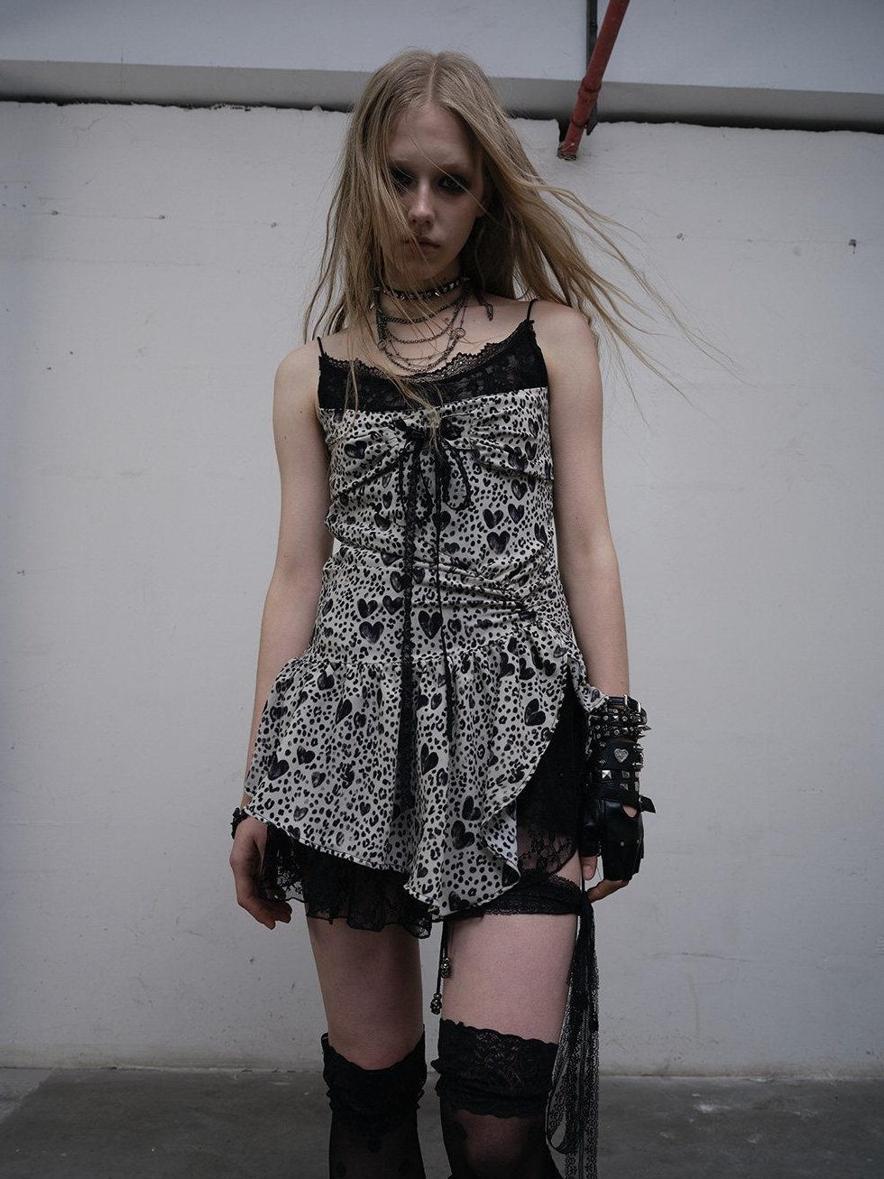 NO ROMANCE Soft Lace Vintage Spaghetti Strap Travel Leopard Heart Slip Mini Dresses