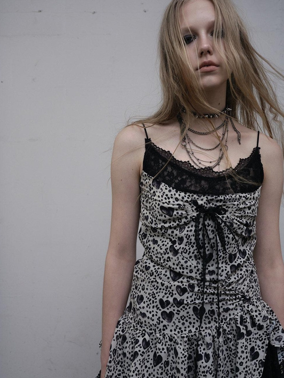 NO ROMANCE Soft Lace Vintage Spaghetti Strap Travel Leopard Heart Slip Mini Dresses