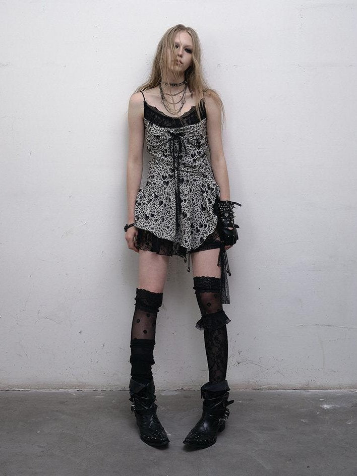 NO ROMANCE Soft Lace Vintage Spaghetti Strap Travel Leopard Heart Slip Mini Dresses