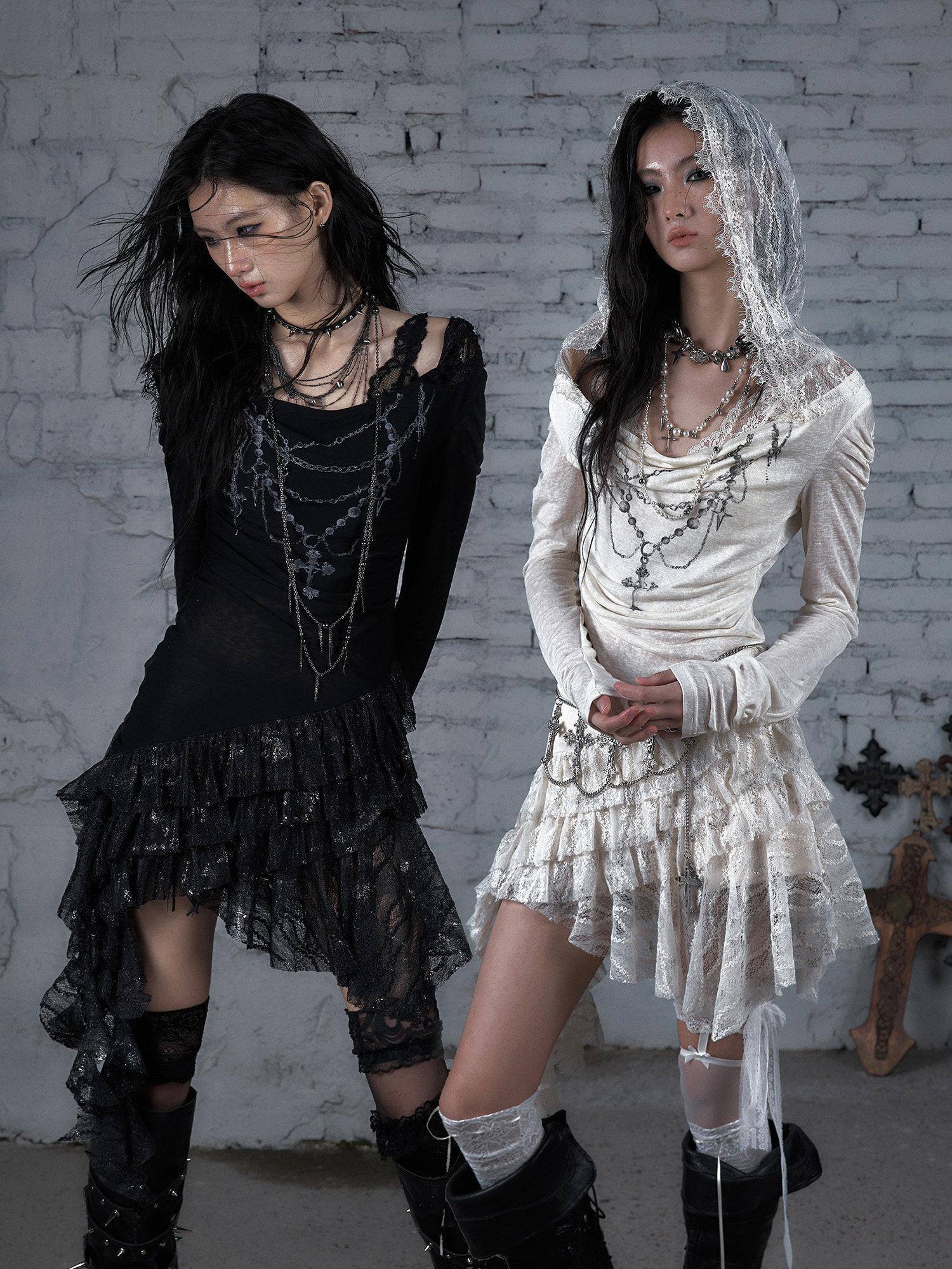 NO ROMANCE Soft Lyocell Lace Vintage Irregular Hem Fitted Hooded Party Casual Mini Dresses