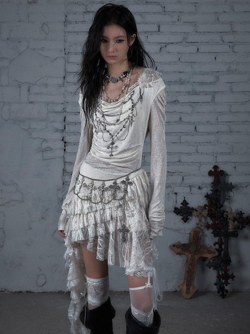 NO ROMANCE Soft Lyocell Lace Vintage Irregular Hem Fitted Hooded Party Casual Mini Dresses
