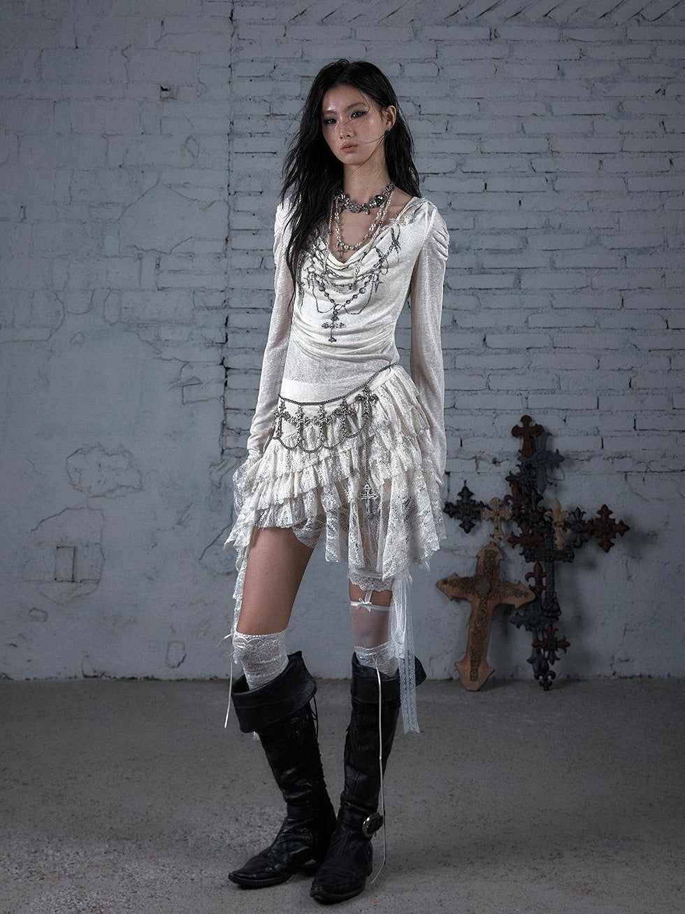NO ROMANCE Soft Lyocell Lace Vintage Irregular Hem Fitted Hooded Party Casual Mini Dresses