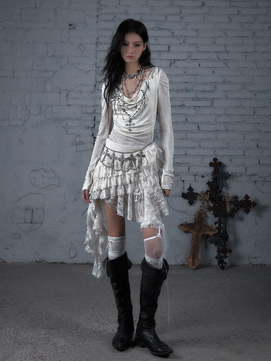 NO ROMANCE Soft Lyocell Lace Vintage Irregular Hem Fitted Hooded Party Casual Mini Dresses