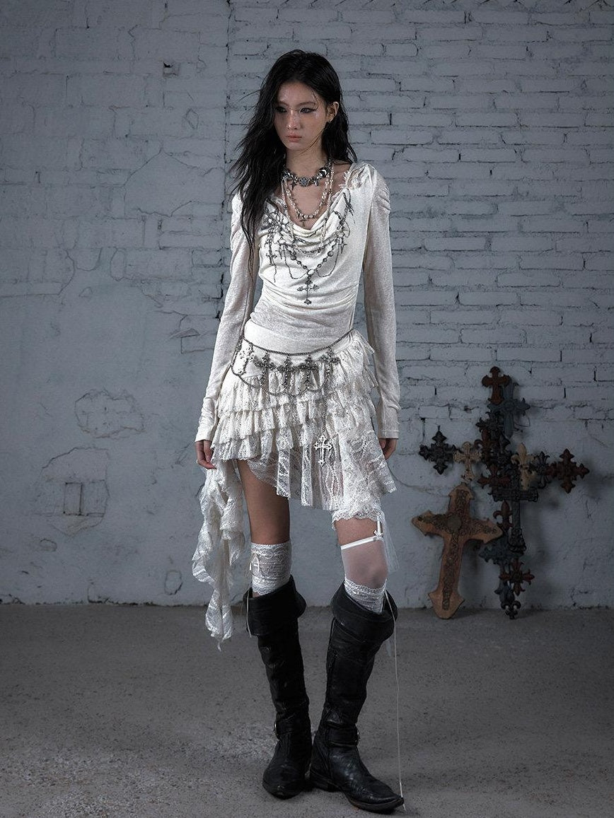 NO ROMANCE Soft Lyocell Lace Vintage Irregular Hem Fitted Hooded Party Casual Mini Dresses