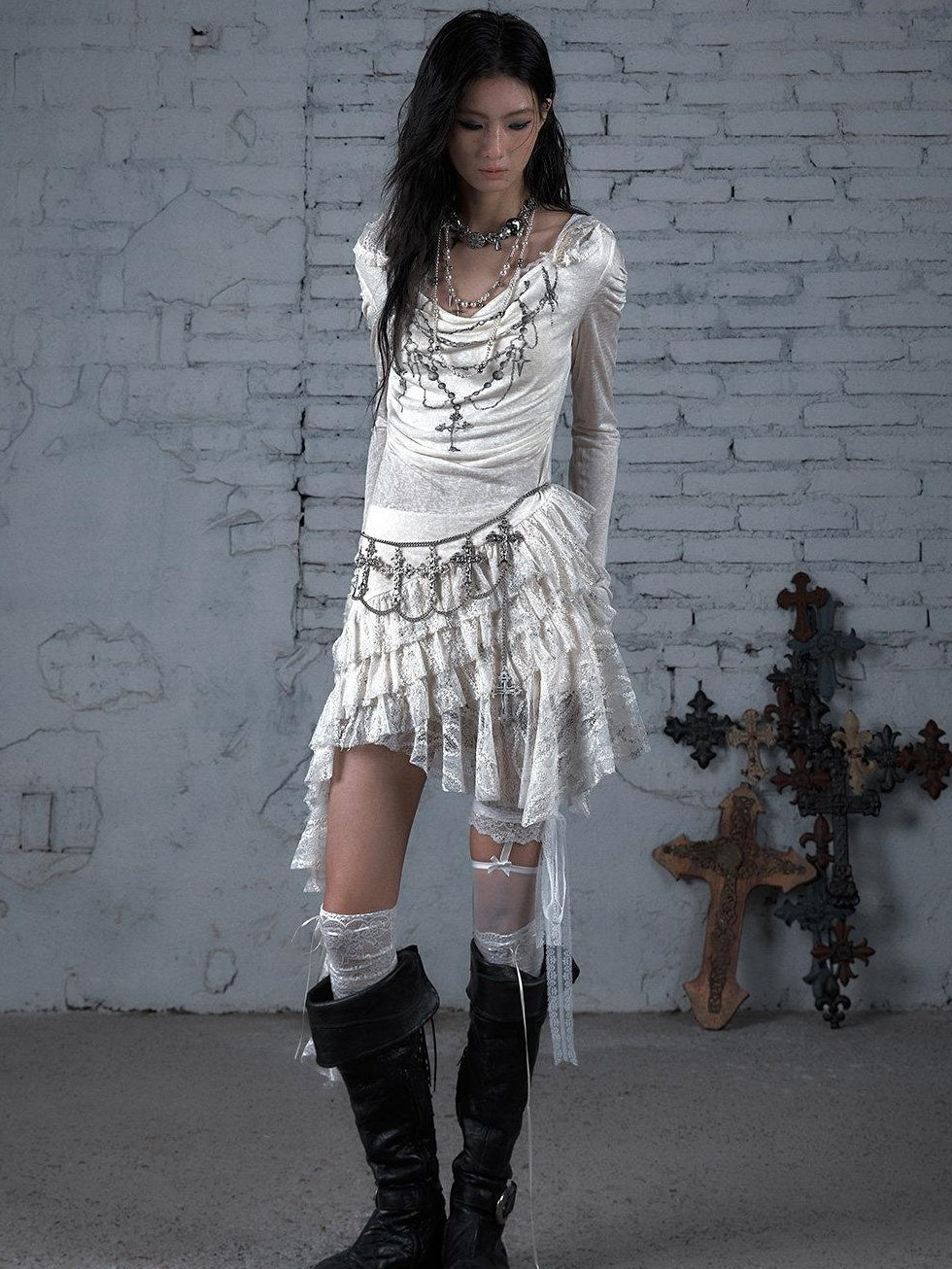 NO ROMANCE Soft Lyocell Lace Vintage Irregular Hem Fitted Hooded Party Casual Mini Dresses