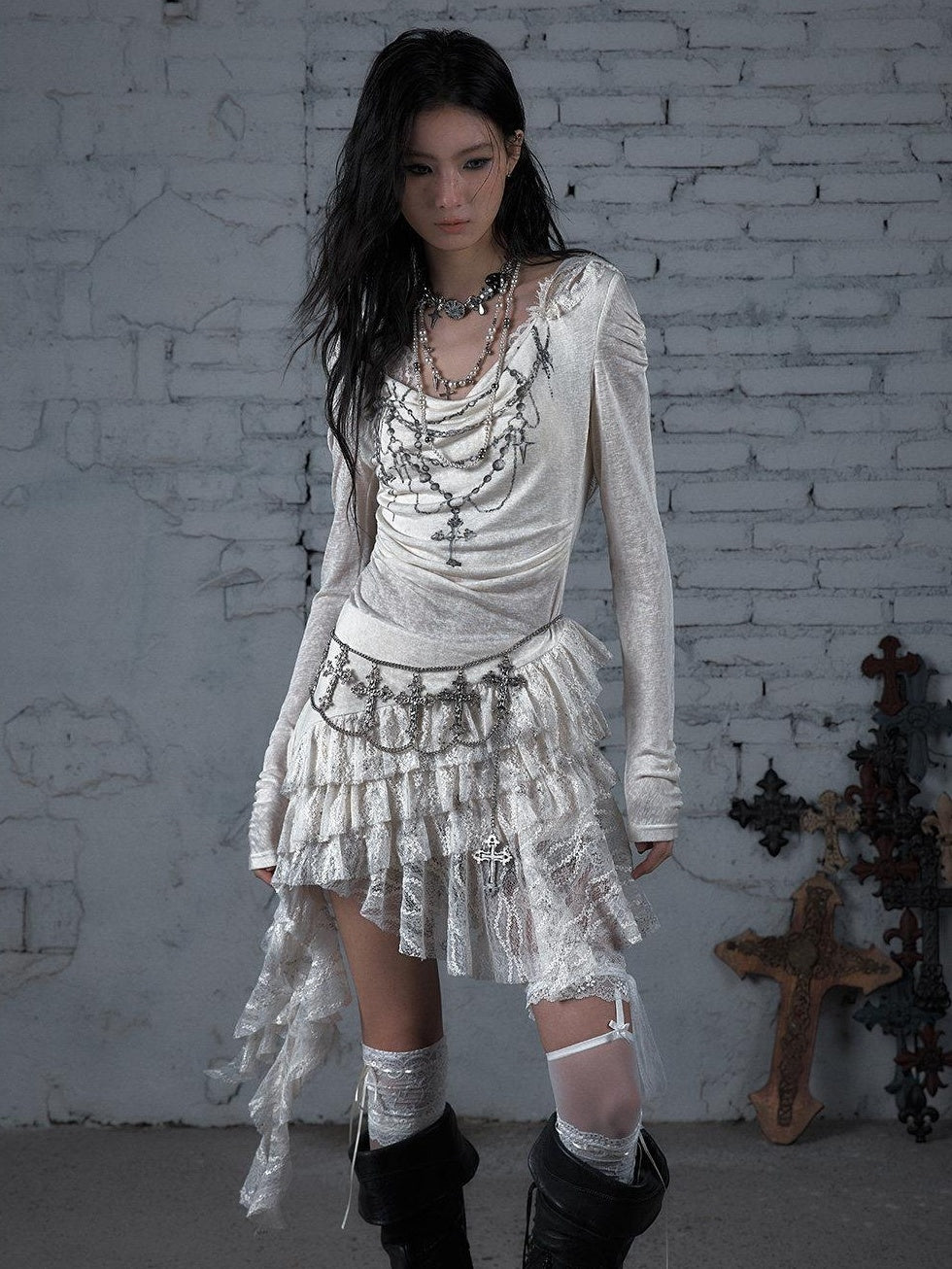 NO ROMANCE Soft Lyocell Lace Vintage Irregular Hem Fitted Hooded Party Casual Mini Dresses