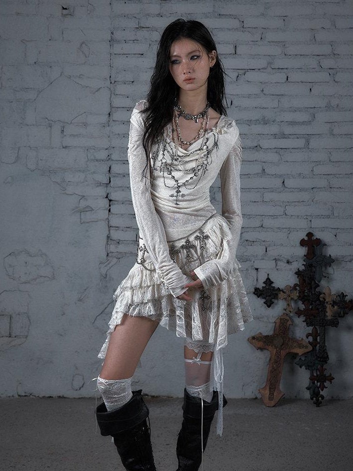 NO ROMANCE Soft Lyocell Lace Vintage Irregular Hem Fitted Hooded Party Casual Mini Dresses