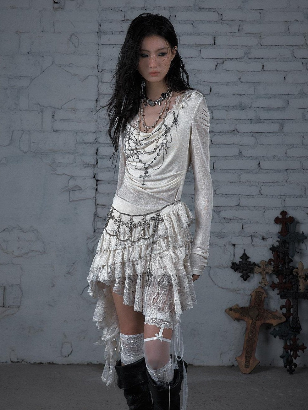 NO ROMANCE Soft Lyocell Lace Vintage Irregular Hem Fitted Hooded Party Casual Mini Dresses