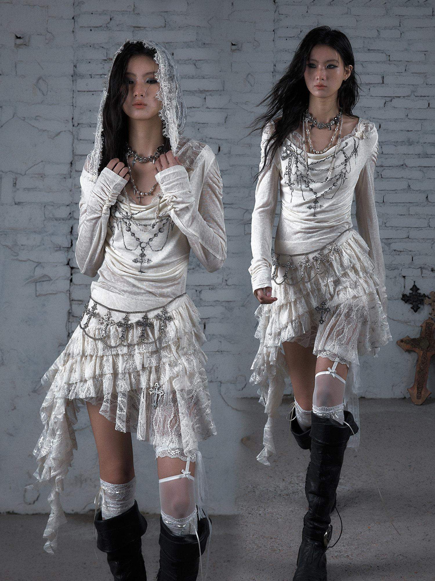 NO ROMANCE Soft Lyocell Lace Vintage Irregular Hem Fitted Hooded Party Casual Mini Dresses