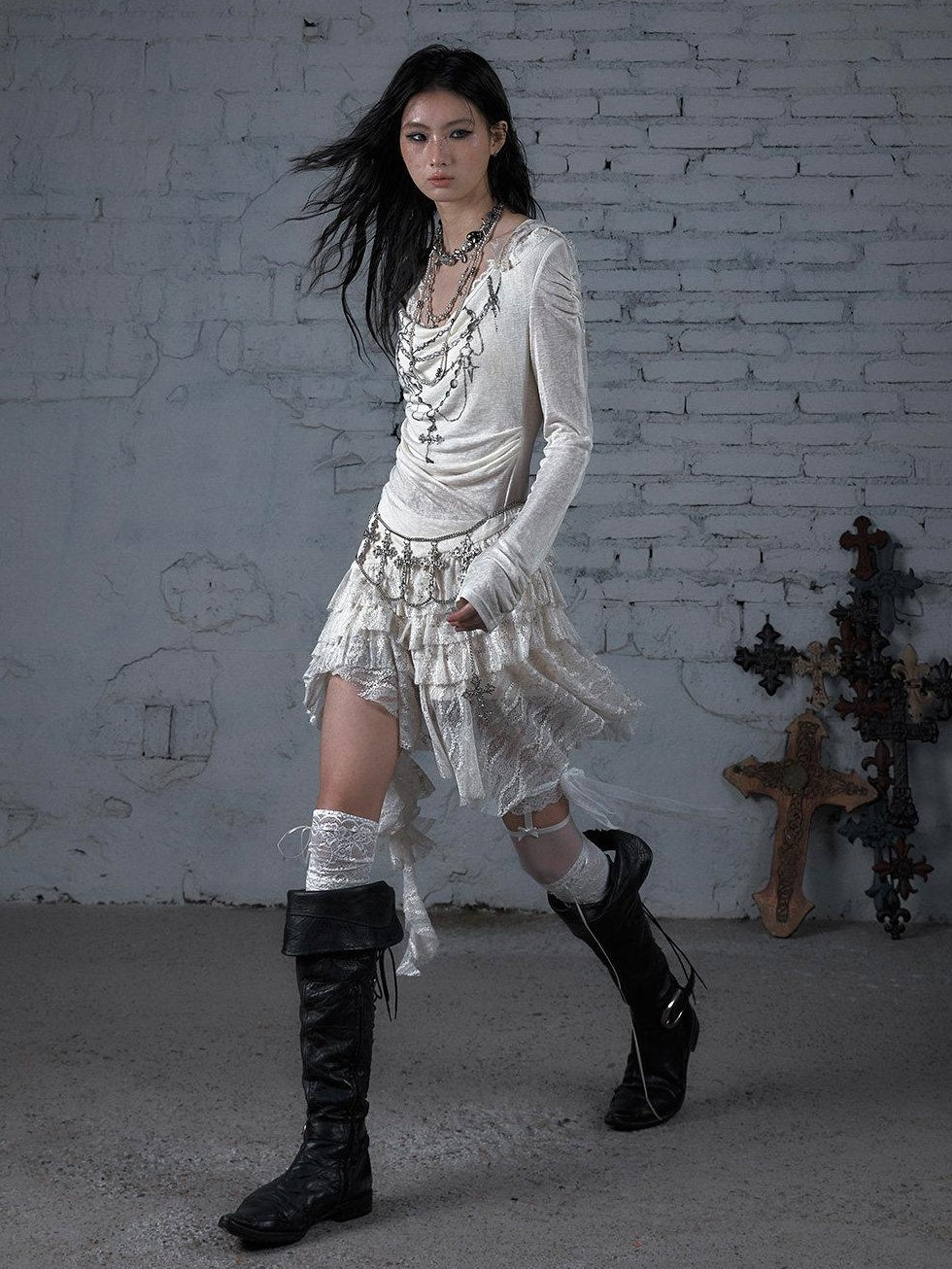 NO ROMANCE Soft Lyocell Lace Vintage Irregular Hem Fitted Hooded Party Casual Mini Dresses