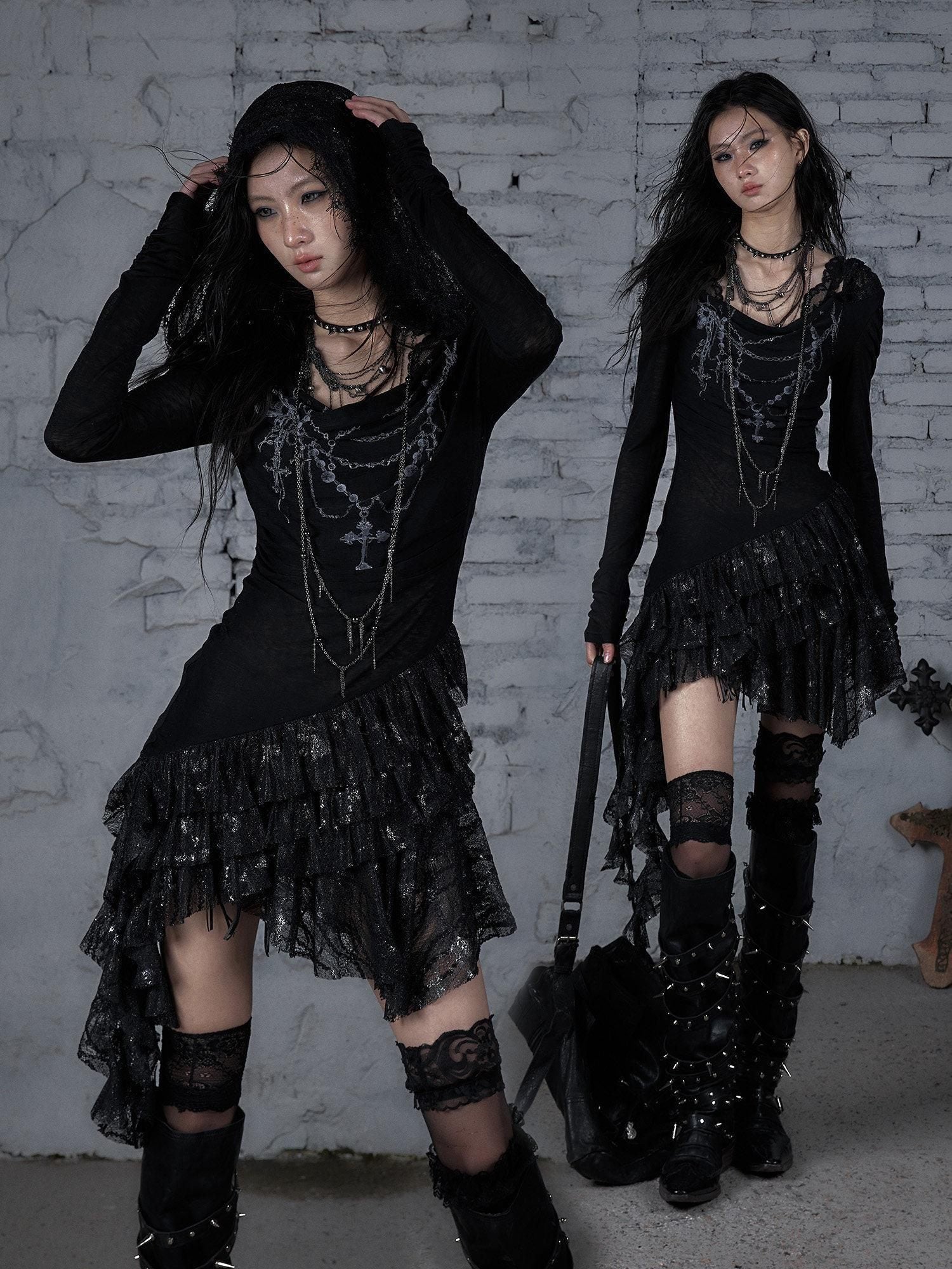 NO ROMANCE Soft Lyocell Lace Vintage Irregular Hem Fitted Hooded Party Casual Mini Dresses