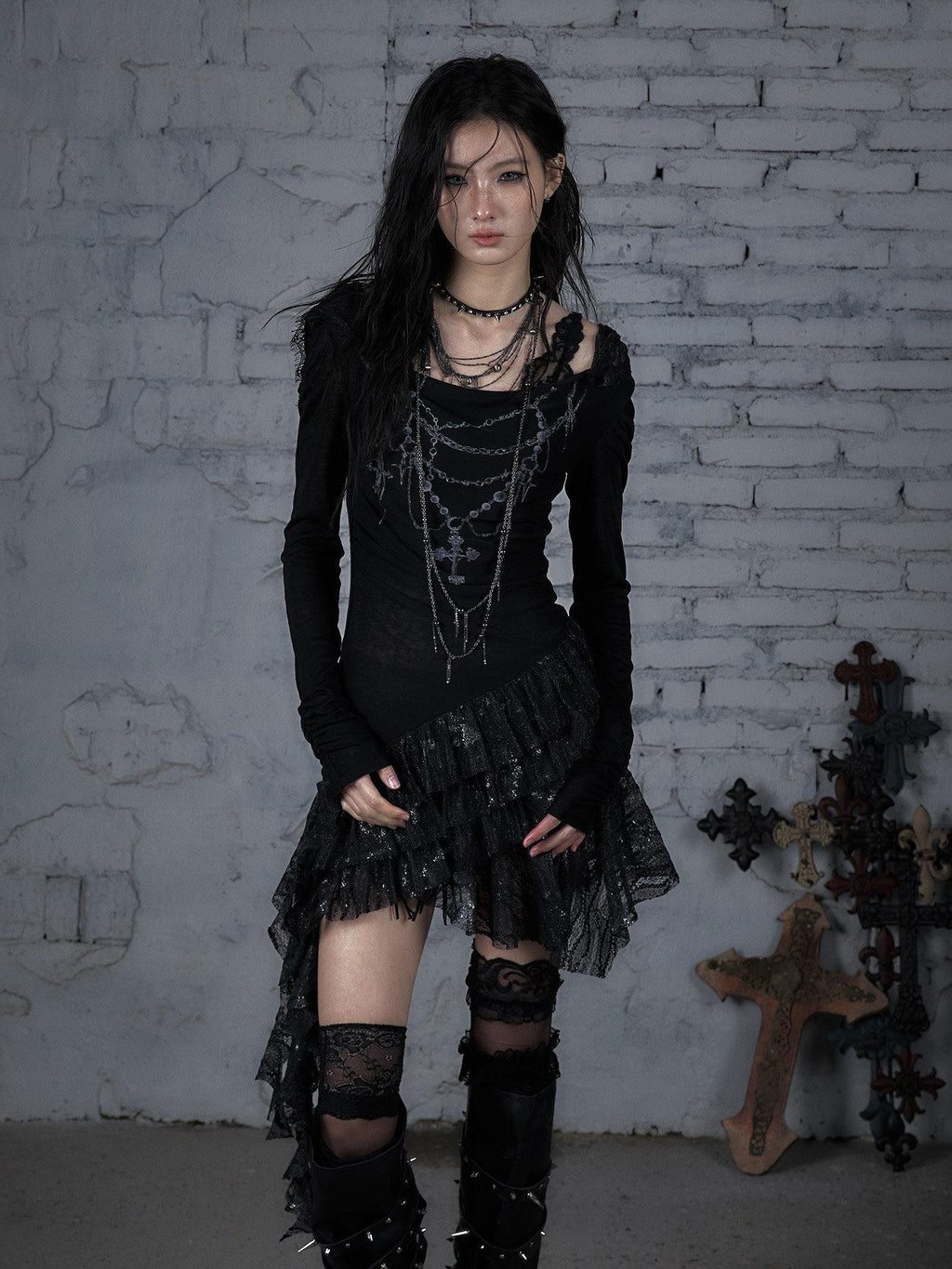 NO ROMANCE Soft Lyocell Lace Vintage Irregular Hem Fitted Hooded Party Casual Mini Dresses