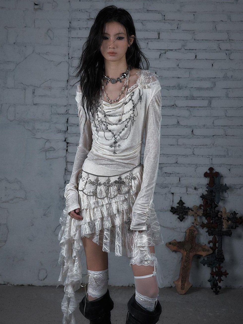 NO ROMANCE Soft Lyocell Lace Vintage Irregular Hem Fitted Hooded Party Casual Mini Dresses