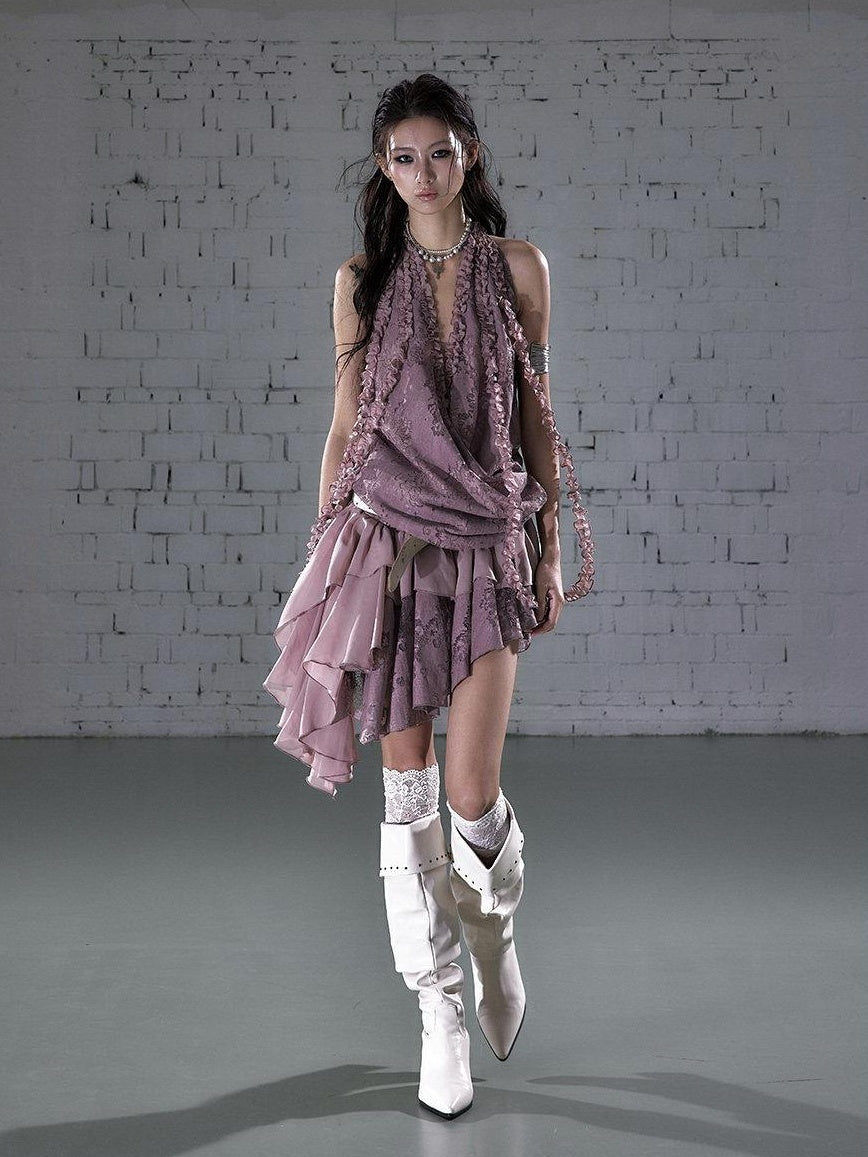 NO ROMANCE Soft Romantic Halter Loose Irregular Hem Vacation Party Casual Mini Dresses