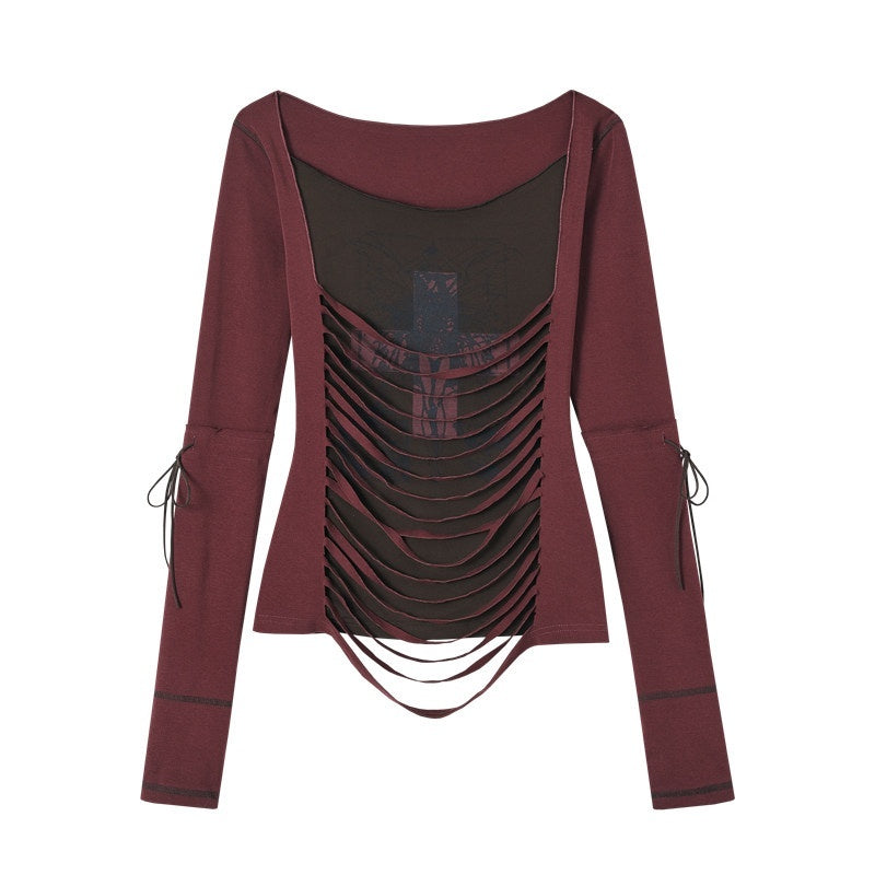 NO_ROMANCE_Soft_Stretch_Cotton_Cross_Print_Drawcord_Faux_Twopiece_Women_Long_Sleeve_T-Shirts_MISSTT