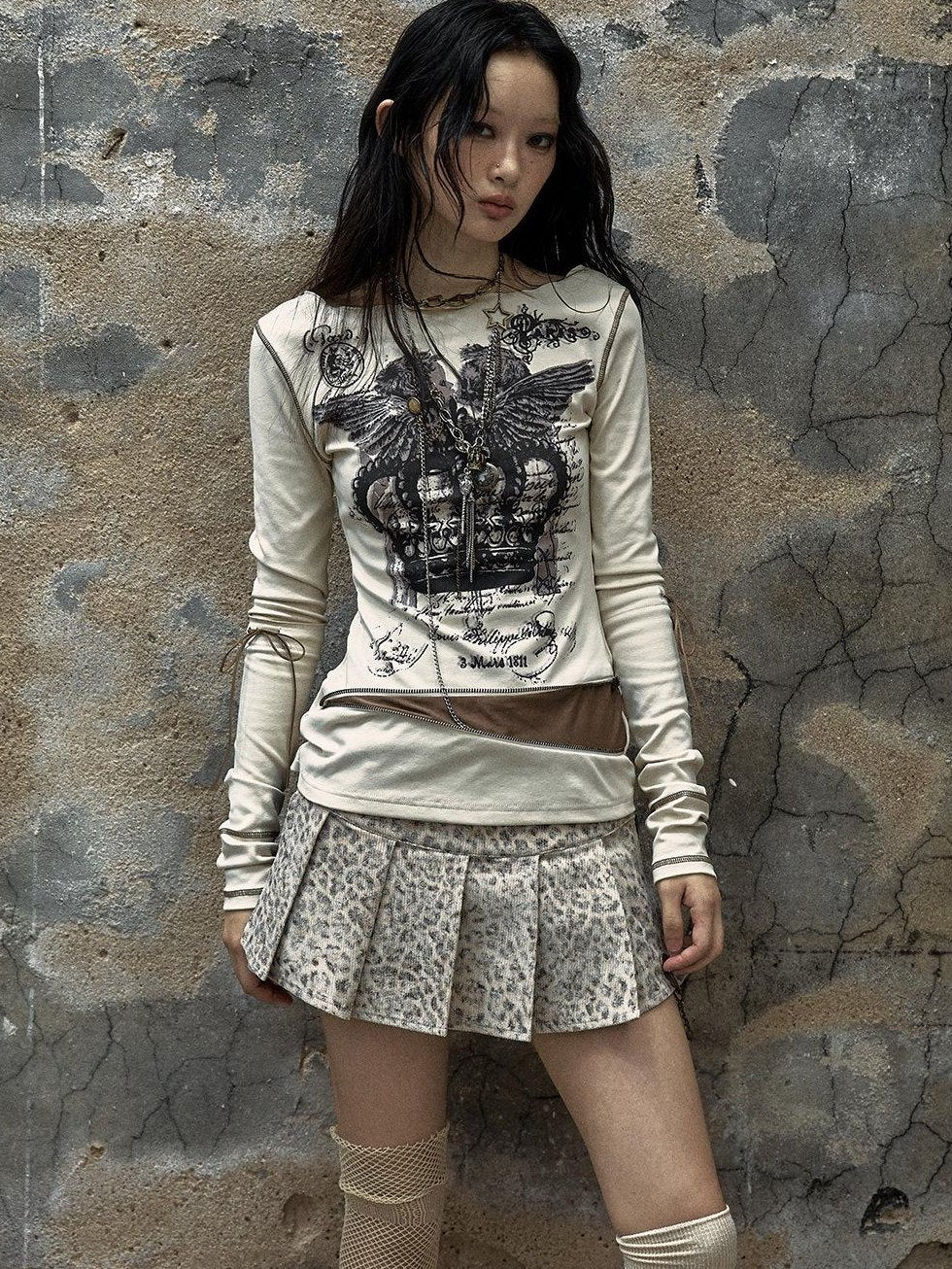 NO ROMANCE Soft Stretch Cotton Cross Print Drawcord Faux Twopiece Women Long Sleeve T-Shirts