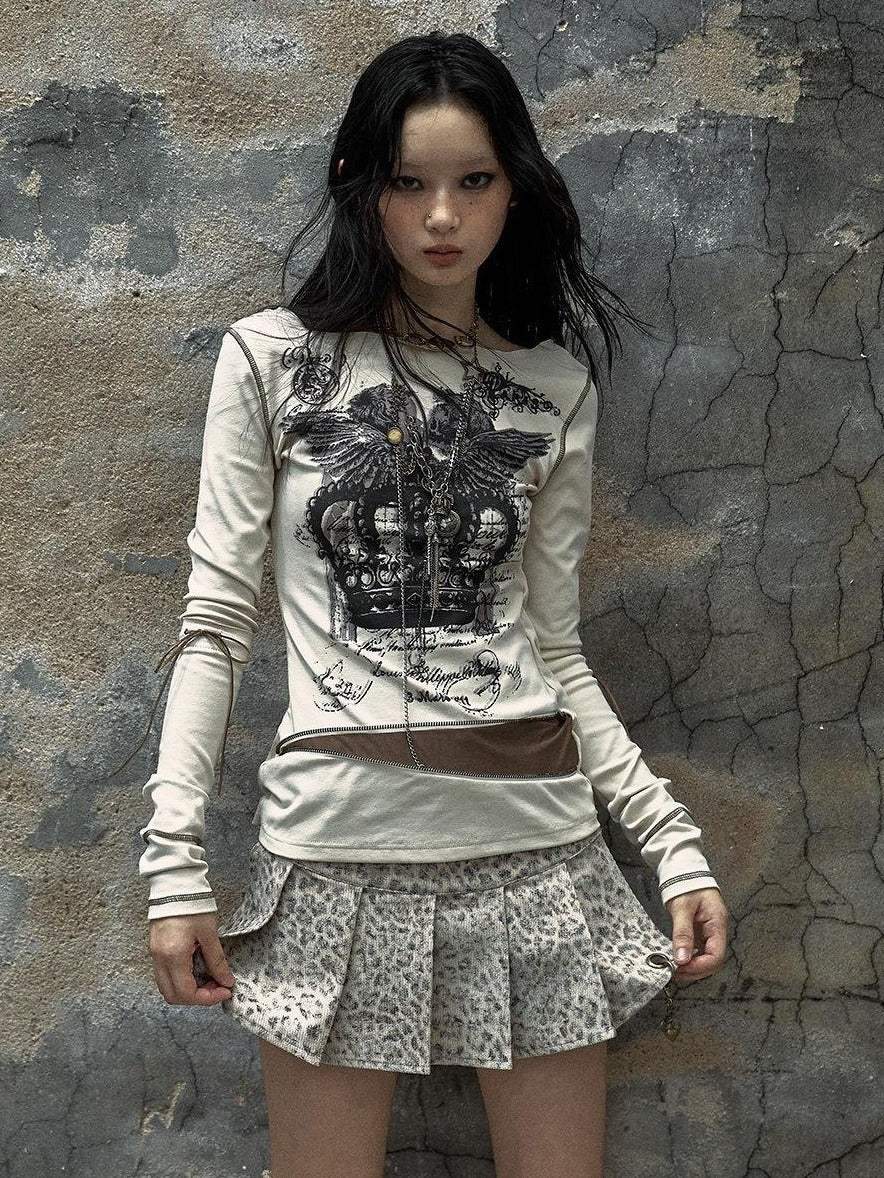 NO ROMANCE Soft Stretch Cotton Cross Print Drawcord Faux Twopiece Women Long Sleeve T-Shirts