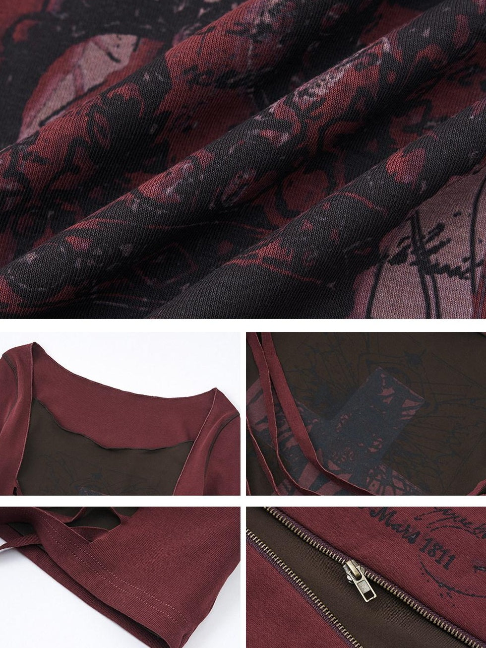 NO ROMANCE Soft Stretch Cotton Cross Print Drawcord Faux Twopiece Women Long Sleeve T-Shirts