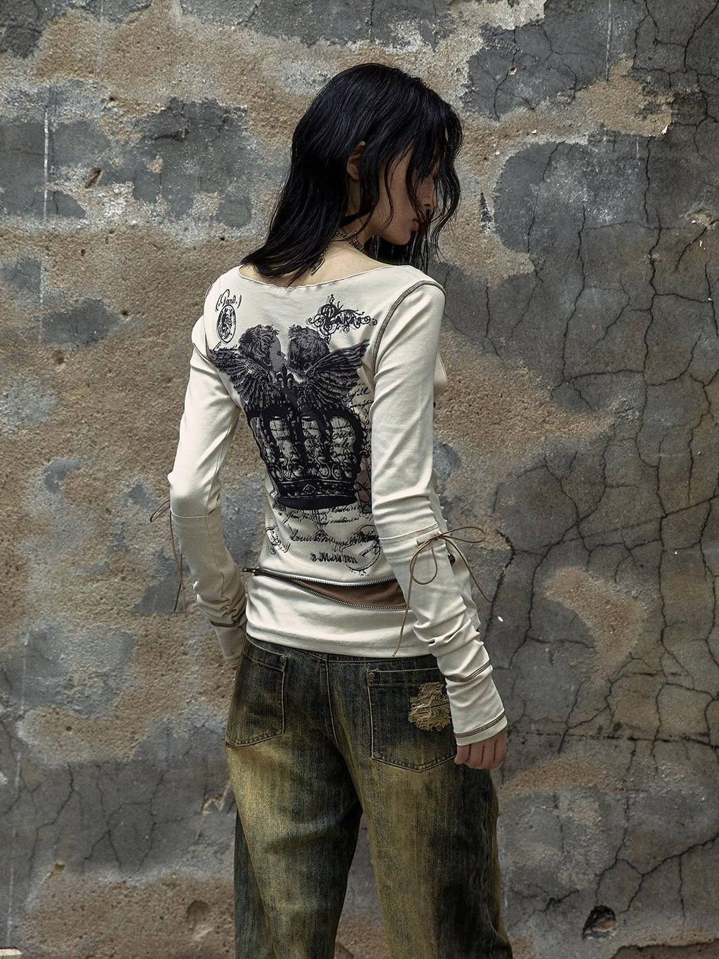 NO ROMANCE Soft Stretch Cotton Cross Print Drawcord Faux Twopiece Women Long Sleeve T-Shirts