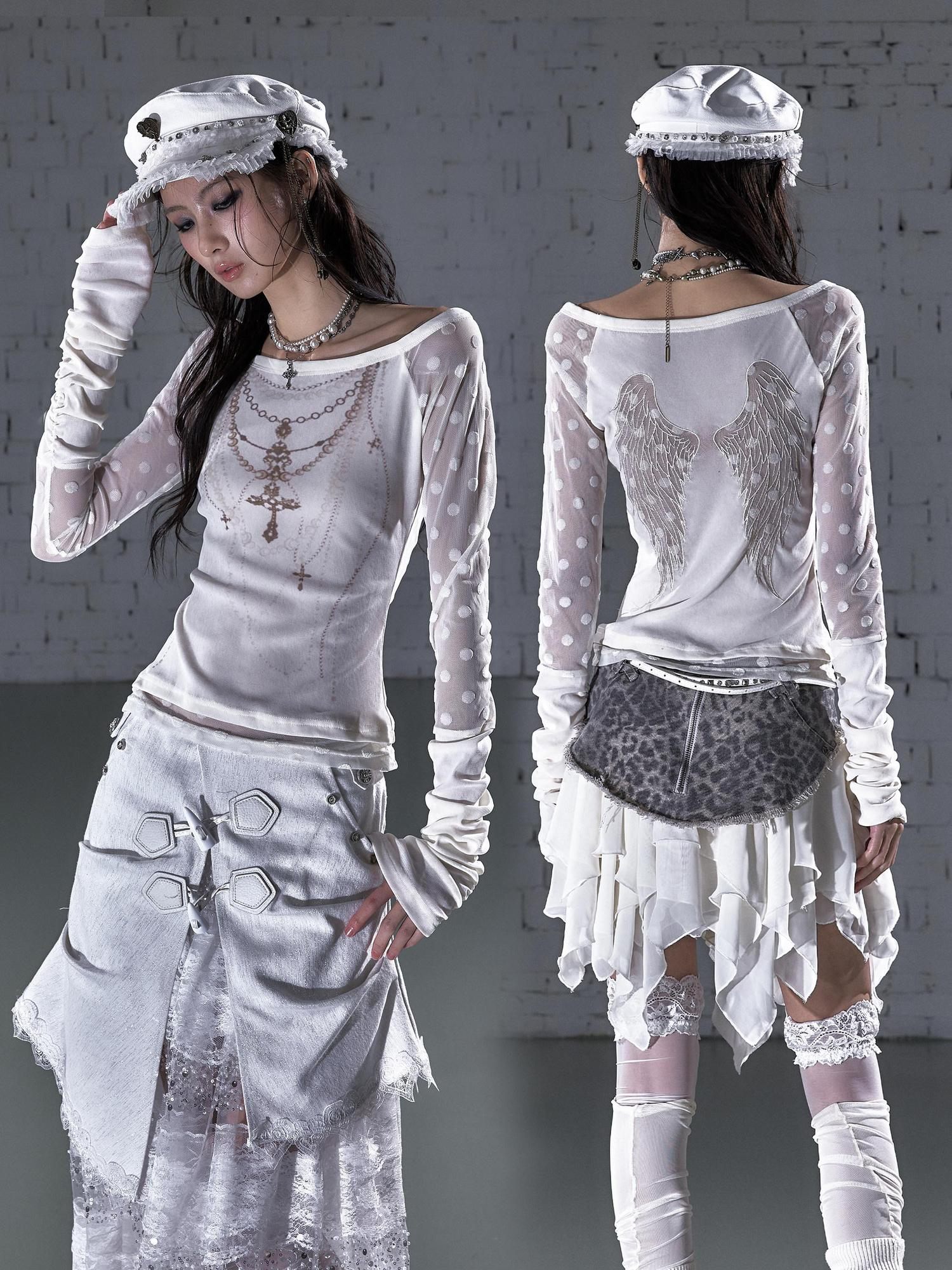 NO ROMANCE Soft Stretch Vintage Polka Dot Slim Fit Women Round Neck Long Sleeve T-Shirts