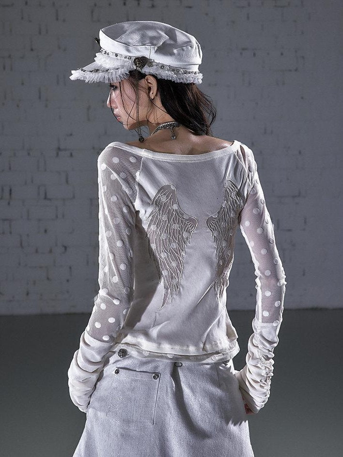 NO ROMANCE Soft Stretch Vintage Polka Dot Slim Fit Women Round Neck Long Sleeve T-Shirts