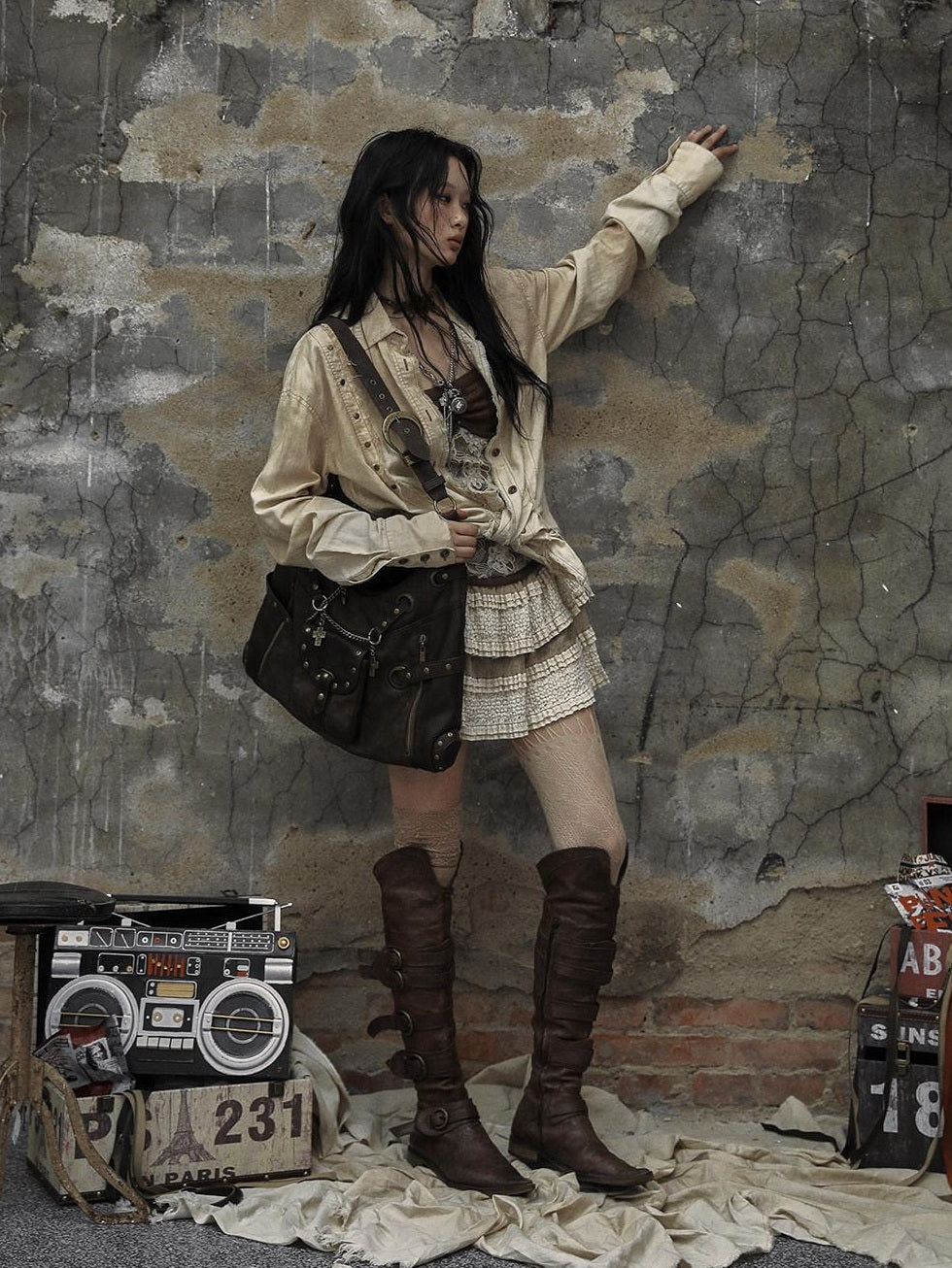 NO ROMANCE Spacious Vintage Artistic Pu Leather Large Everyday Youth Brown Shoulder Bags
