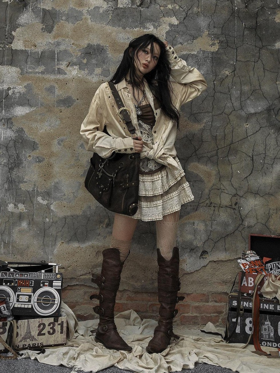 NO ROMANCE Spacious Vintage Artistic Pu Leather Large Everyday Youth Brown Shoulder Bags