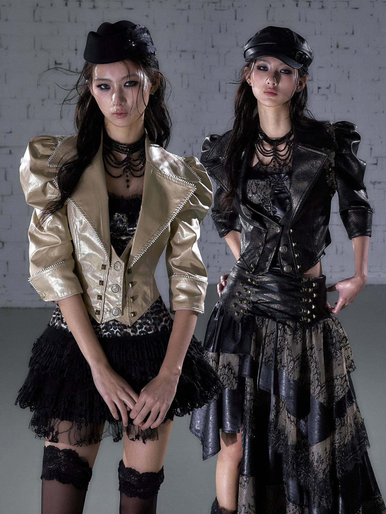NO ROMANCE Studded Metal Punk Oversized Cropped Puff Sleeve Womens Button Track Jackets