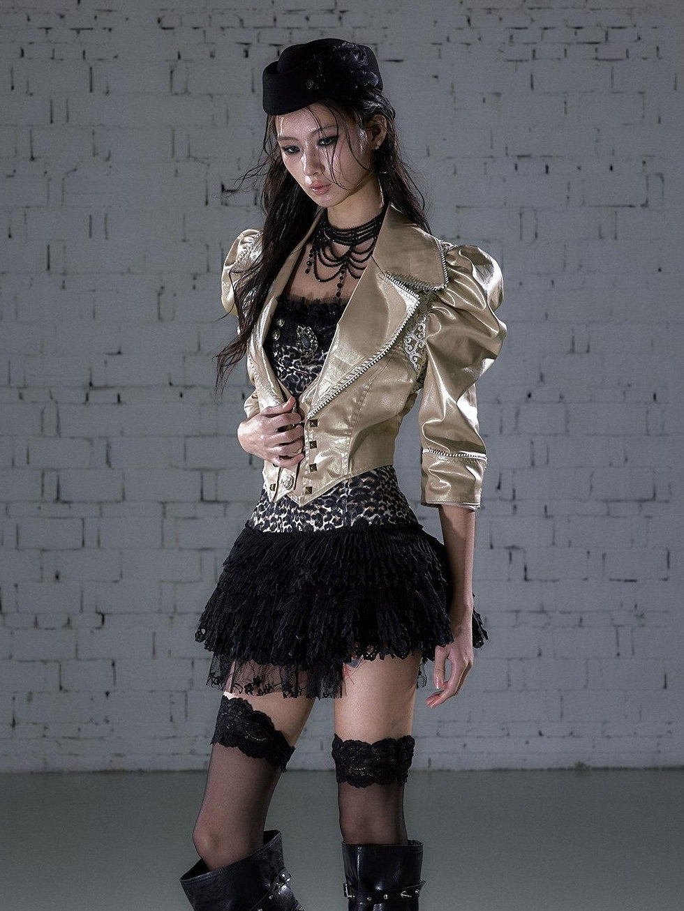 NO ROMANCE Studded Metal Punk Oversized Cropped Puff Sleeve Womens Button Track Jackets